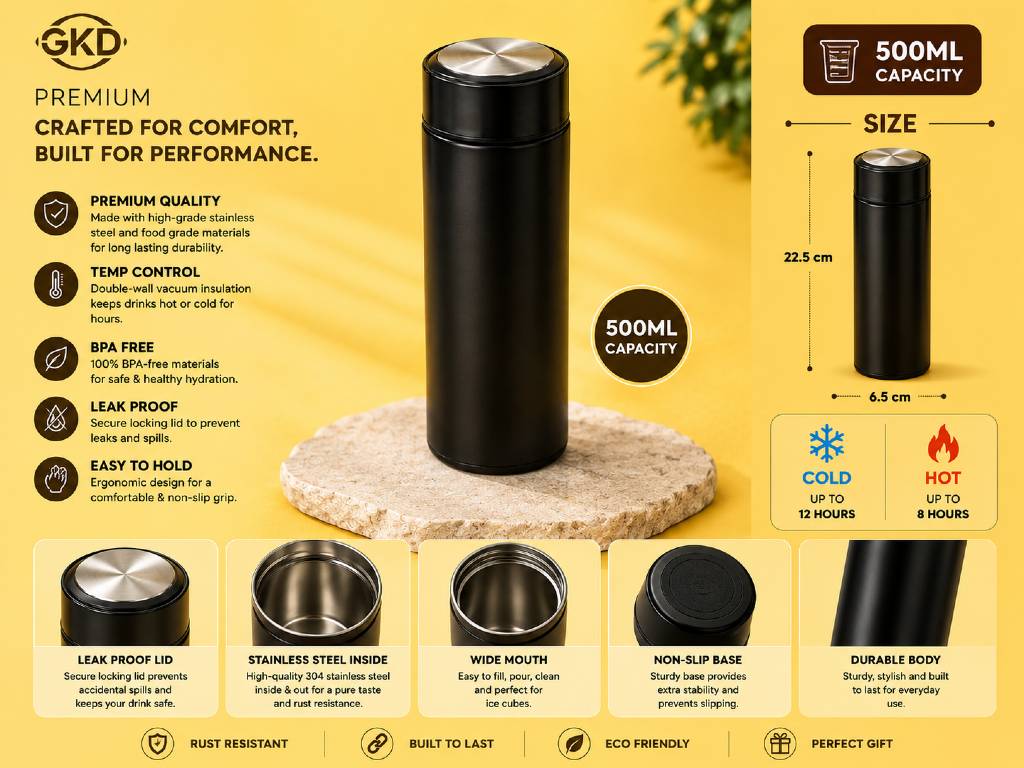 Sleek Black Stainless Steel Vacuum Flask – 500ml view 2