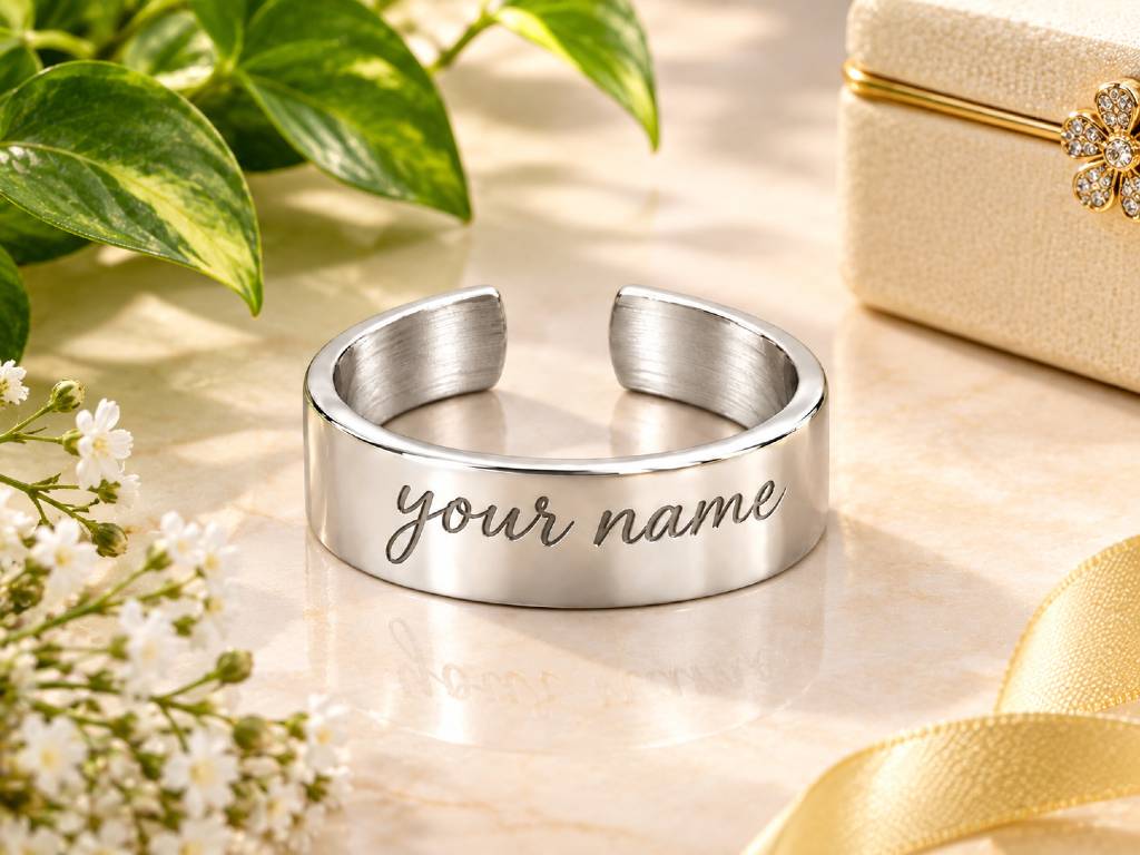Personalised Silver Cuff Ring – Custom Name Engraved Adjustable Ring