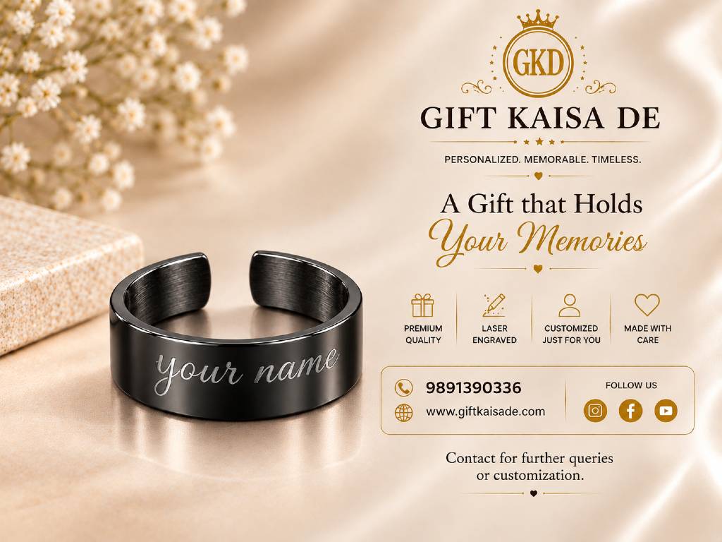 Personalised Black Cuff Ring – Custom Name Engraved Adjustable Ring view 5