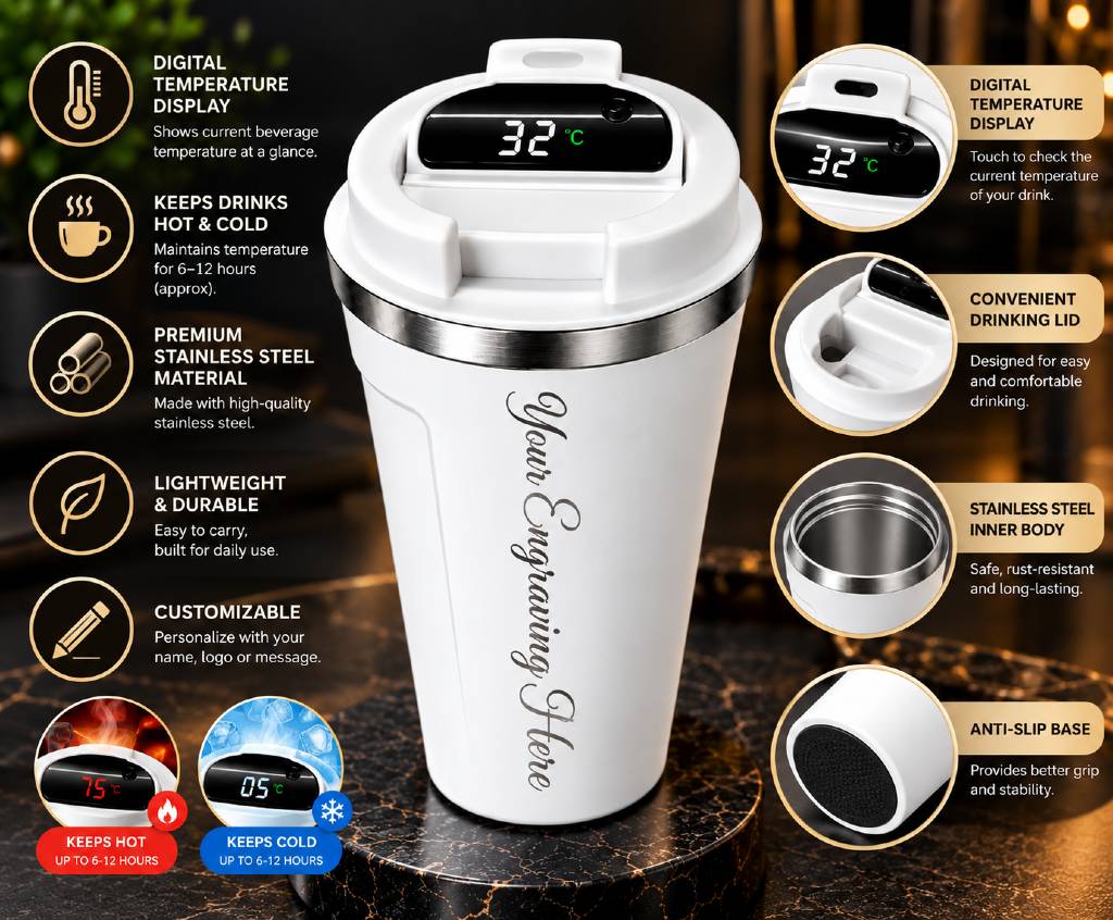 Customisable Smart Temperature Display Travel Mug White | Premium Insulated Coffee Tumbler view 3