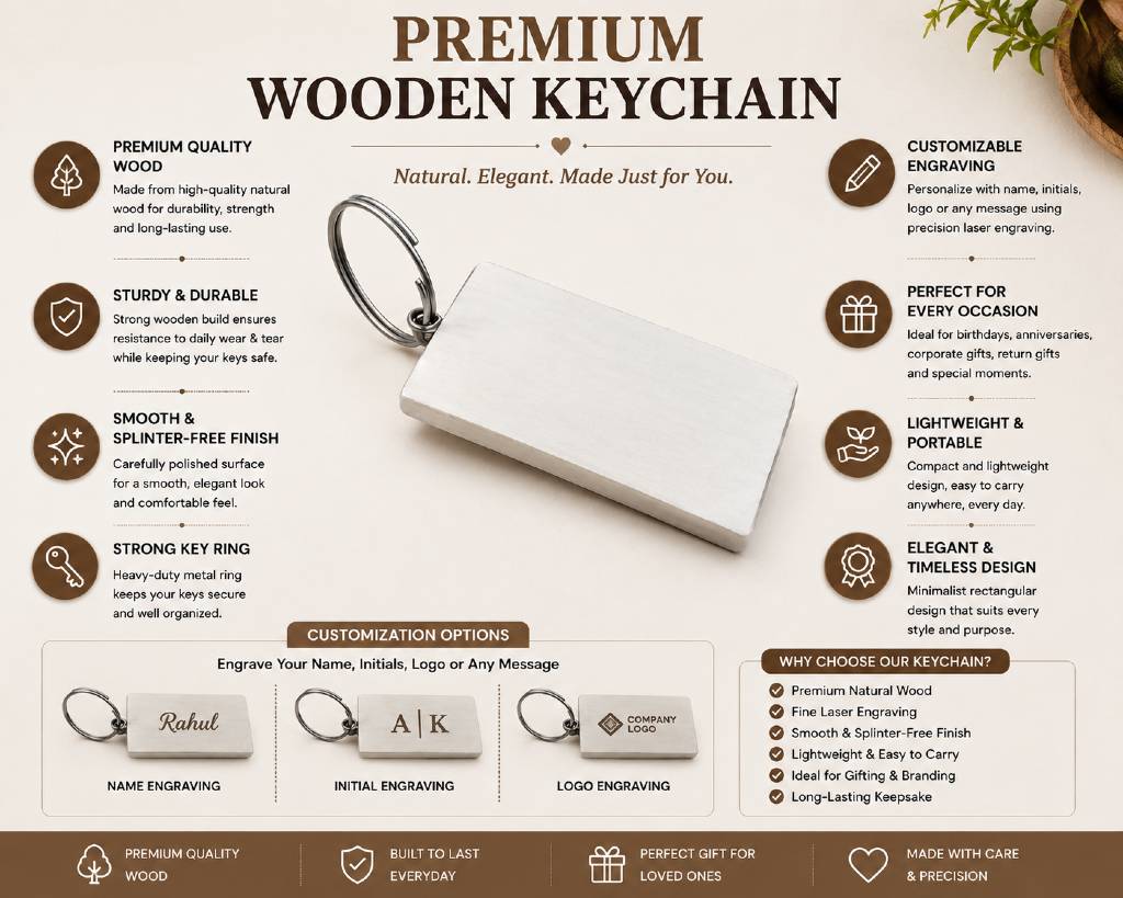 Personalized Wooden Rectangle Keychain | Custom Name & Logo Engraved Wooden Keychain view 4