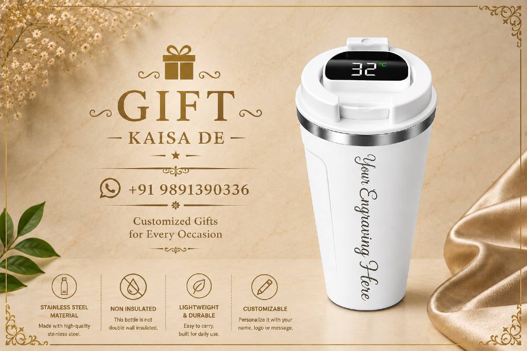 Customisable Smart Temperature Display Travel Mug White | Premium Insulated Coffee Tumbler view 4