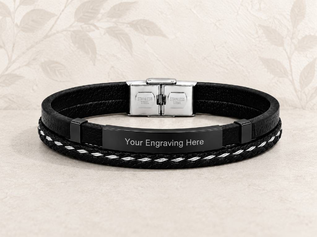 Personalized Dual-Strand Black Leather Bracelet with Engraved Clasp