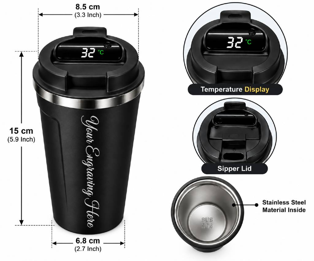 Customisable Smart Temperature Display Travel Mug Black | Premium Insulated Coffee Tumbler view 2
