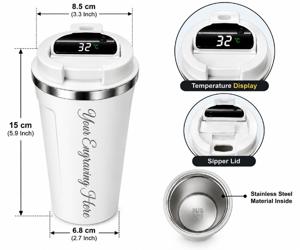 Customisable Smart Temperature Display Travel Mug White | Premium Insulated Coffee Tumbler view 2