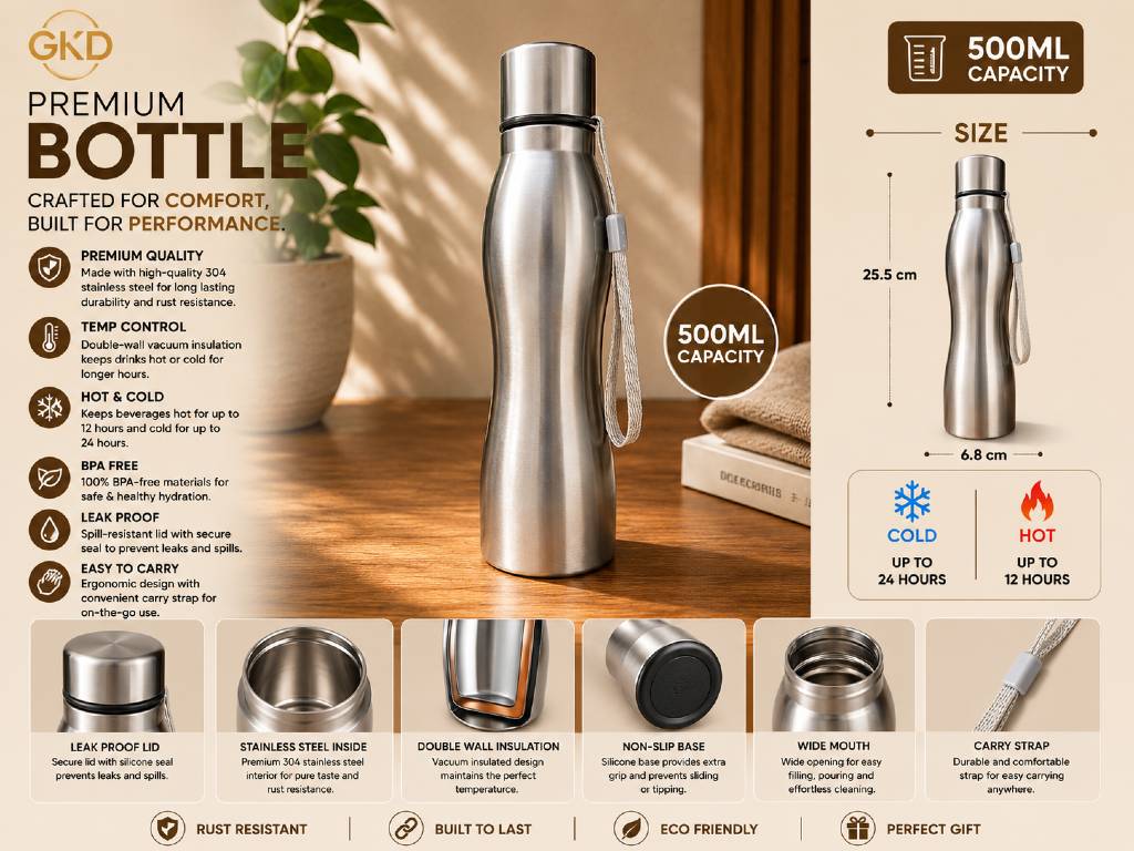 Silver Stainless Steel Curved Vacuum Bottle – 500ml view 2
