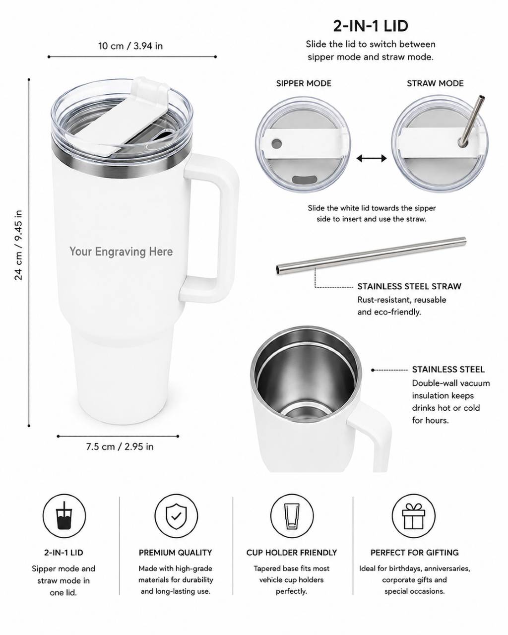 Customized Personalized Stainless Steel Travel Mug with Handle | Double-Wall Vacuum Insulated Tumbler view 4