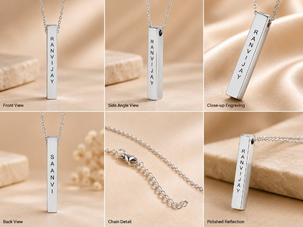Personalized Engraved 3D Bar Necklace (silver ) - Custom Name & Coordinates view 2