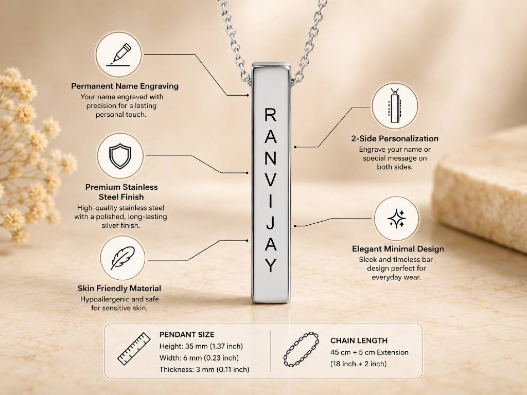 Personalized Engraved 3D Bar Necklace (silver ) - Custom Name & Coordinates view 3