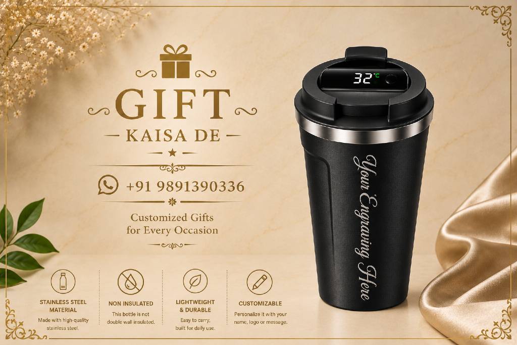 Customisable Smart Temperature Display Travel Mug Black | Premium Insulated Coffee Tumbler view 4