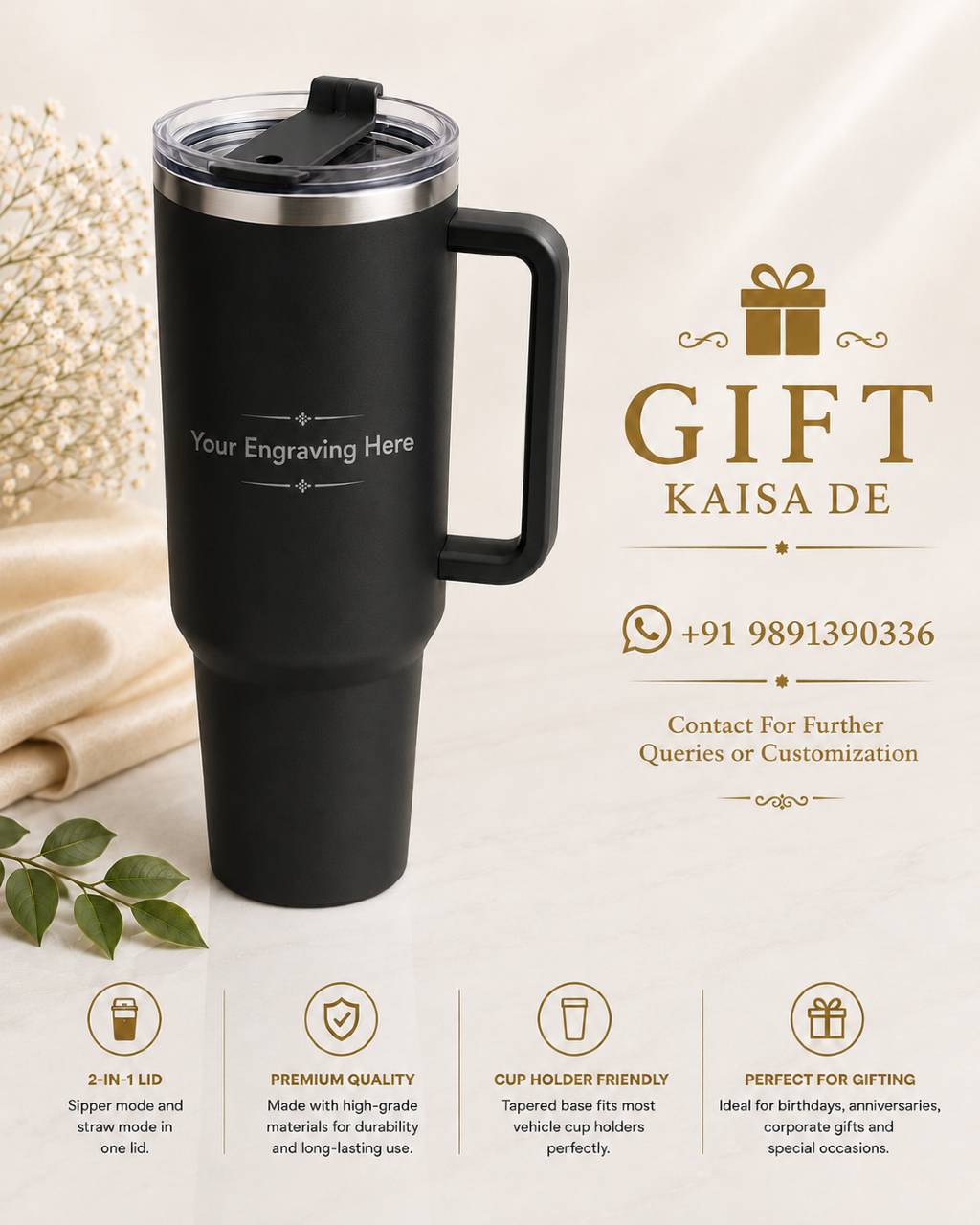 Customized Personalized Stainless Steel Travel Mug with Handle | Double-Wall Vacuum Insulated Tumbler view 6