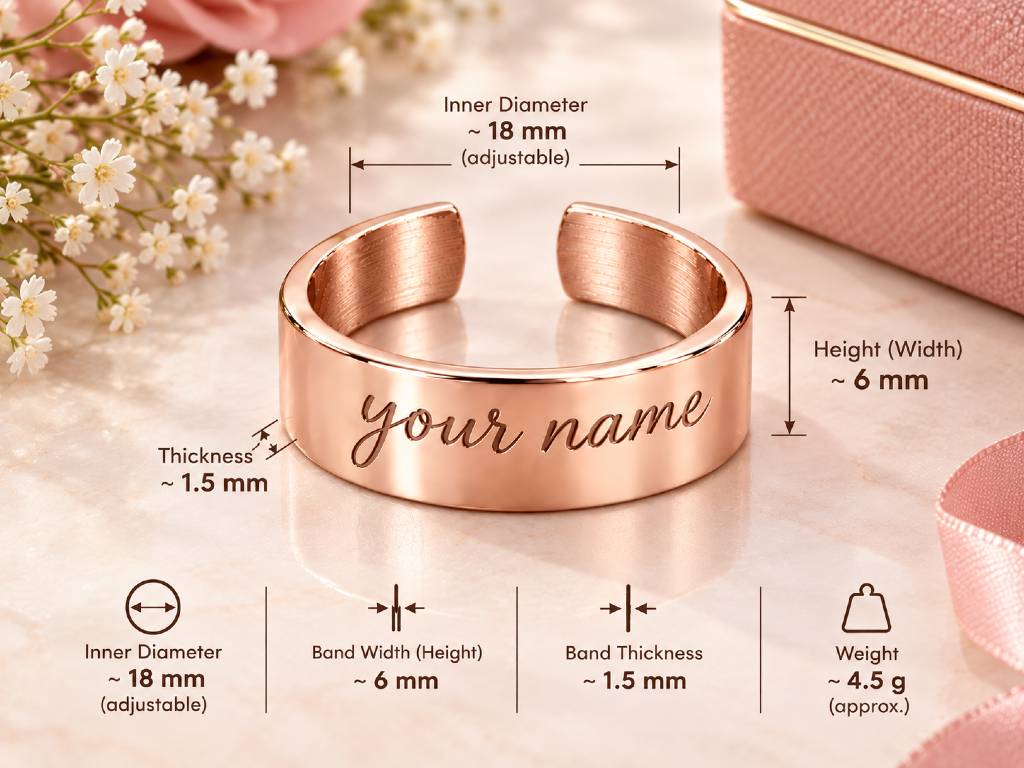 Personalised Rose Gold Cuff Ring – Custom Name Engraved Adjustable Ring view 3