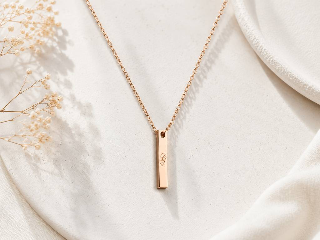 Personalized Engraved 3D Bar Necklace (Rose Gold) - Custom Name & Coordinates