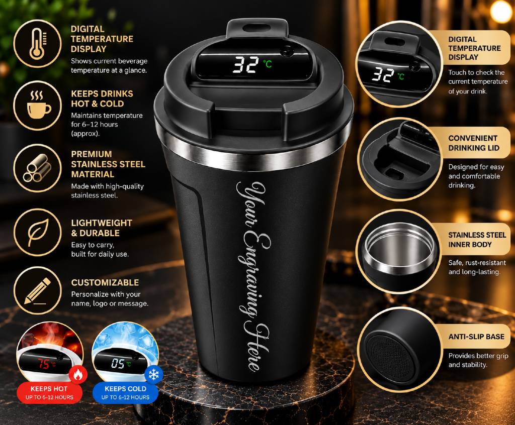 Customisable Smart Temperature Display Travel Mug Black | Premium Insulated Coffee Tumbler view 3
