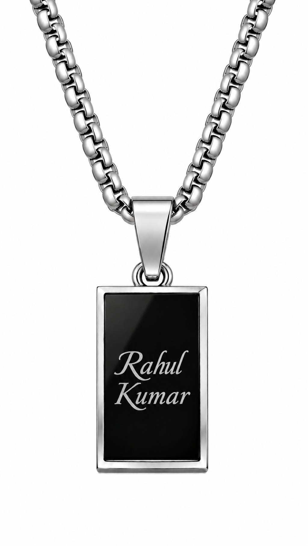 Personalized Black & Silver Stainless Steel Name Locket with Chain | Custom Engraved Pendant Necklace for Men & Women view 2