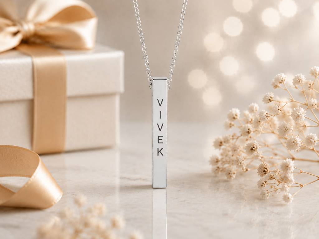 Personalized Engraved 3D Bar Necklace (silver ) - Custom Name & Coordinates