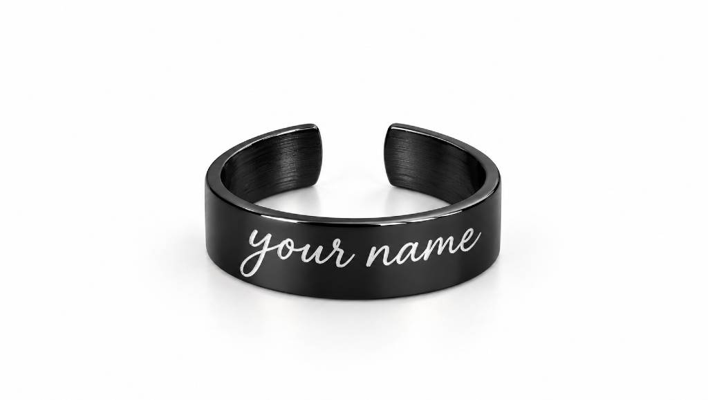 Personalised Black Cuff Ring – Custom Name Engraved Adjustable Ring view 2