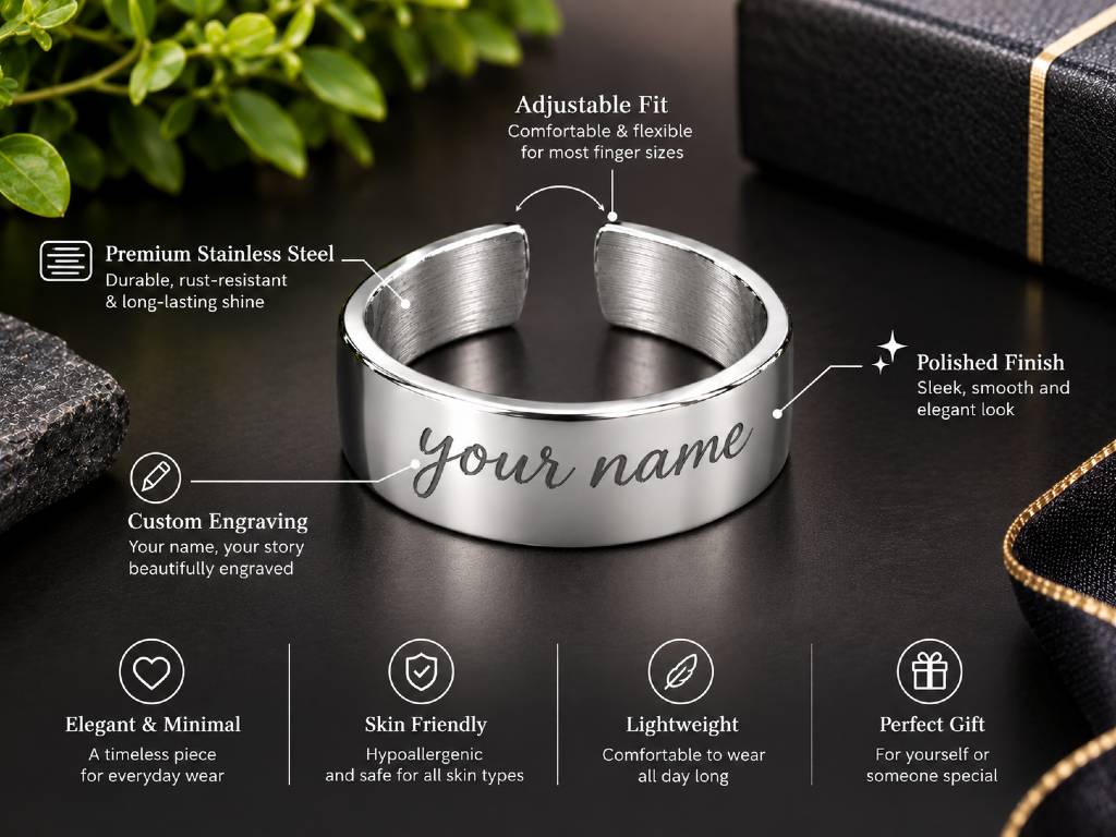 Personalised Silver Cuff Ring – Custom Name Engraved Adjustable Ring view 4