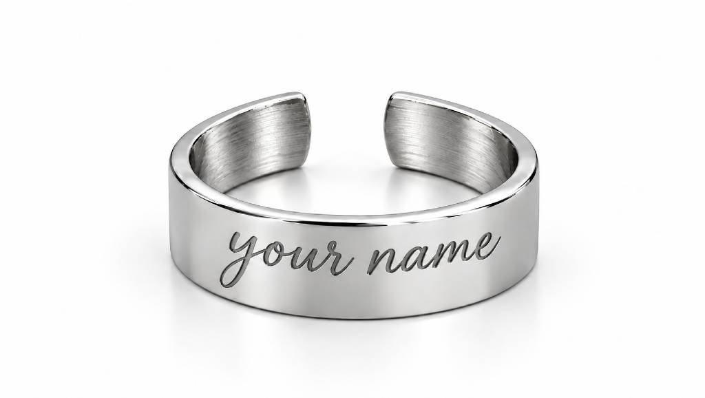 Personalised Silver Cuff Ring – Custom Name Engraved Adjustable Ring view 2