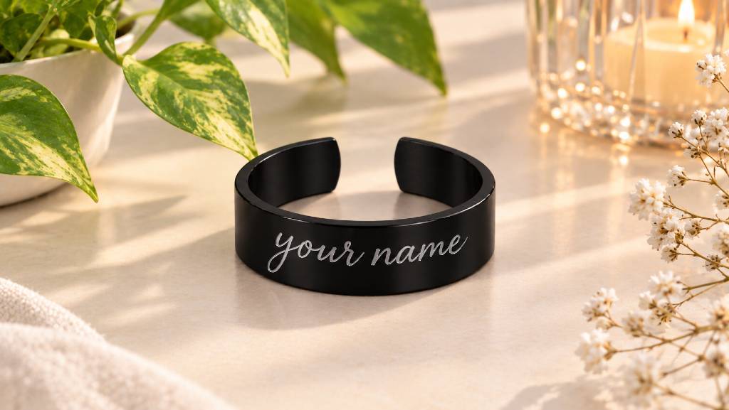Personalised Black Cuff Ring – Custom Name Engraved Adjustable Ring