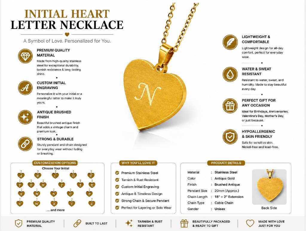 Personalized Heart Pendant Necklace (Custom Engraved) view 4