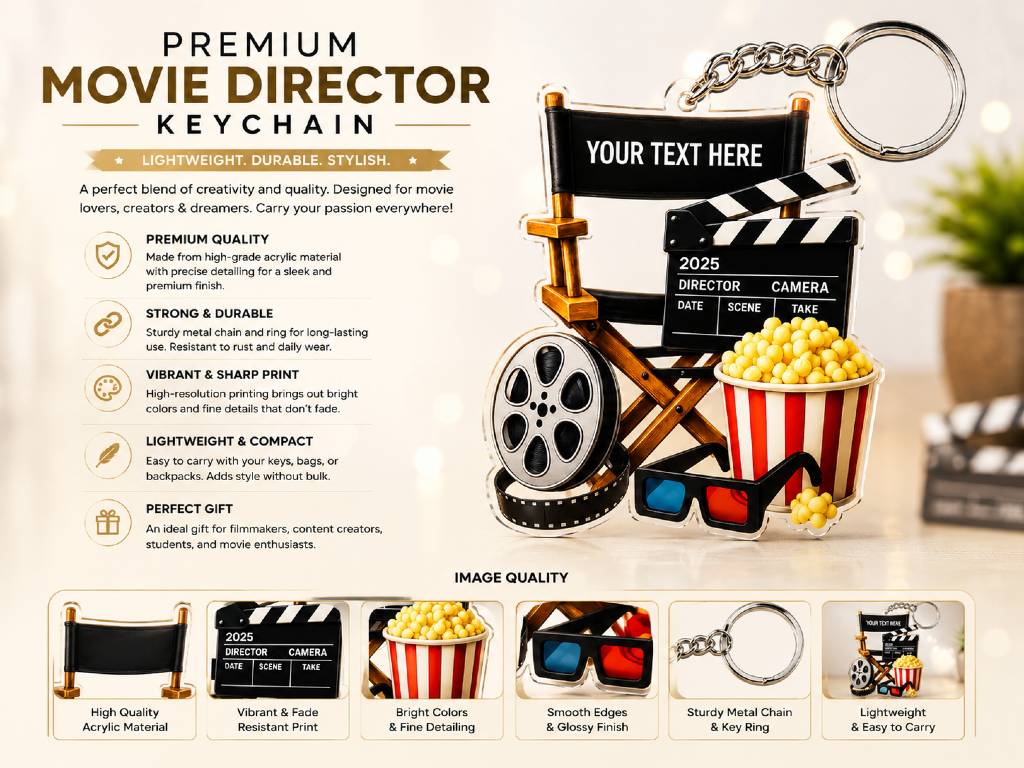 Customized Movie Director Clapboard Keychain | Personalized Film Reel & Popcorn Acrylic Keychain | Custom Name Keyring Gift view 3