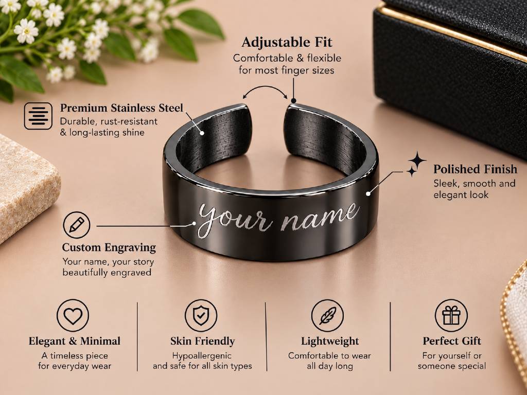 Personalised Black Cuff Ring – Custom Name Engraved Adjustable Ring view 4
