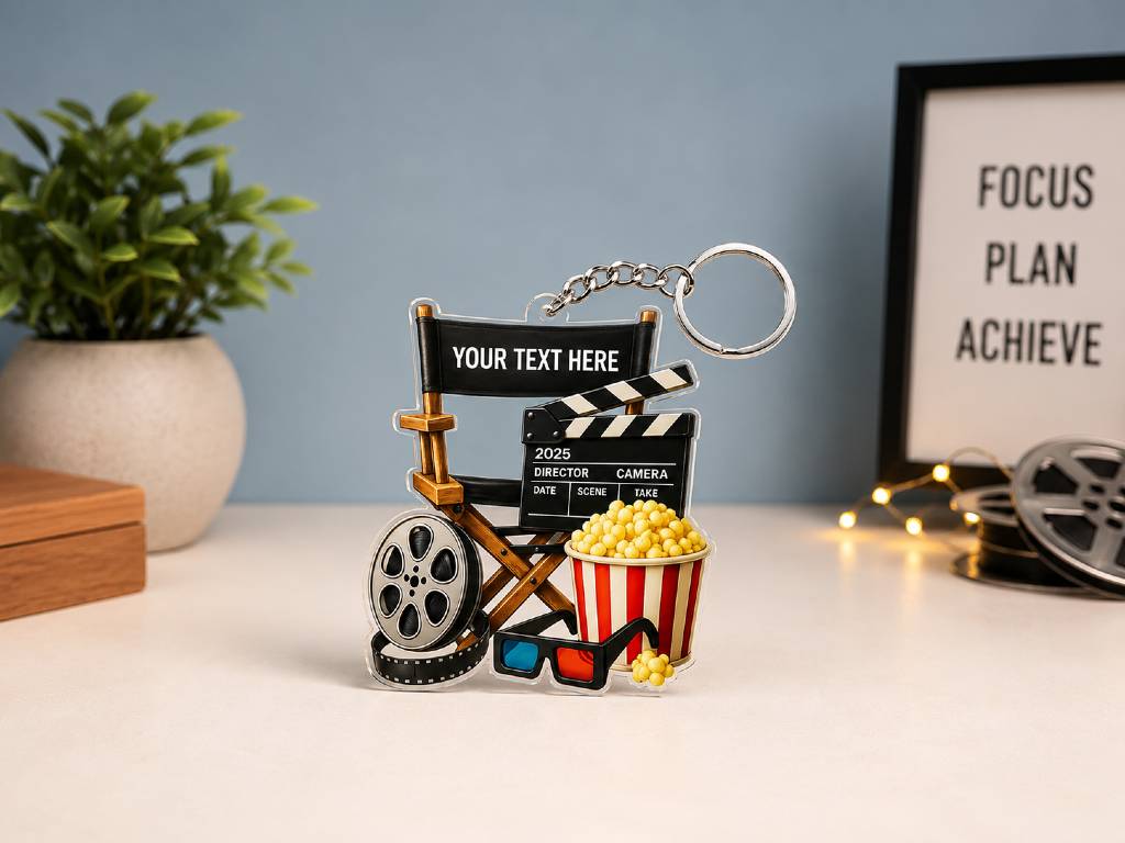 Customized Movie Director Clapboard Keychain | Personalized Film Reel & Popcorn Acrylic Keychain | Custom Name Keyring Gift
