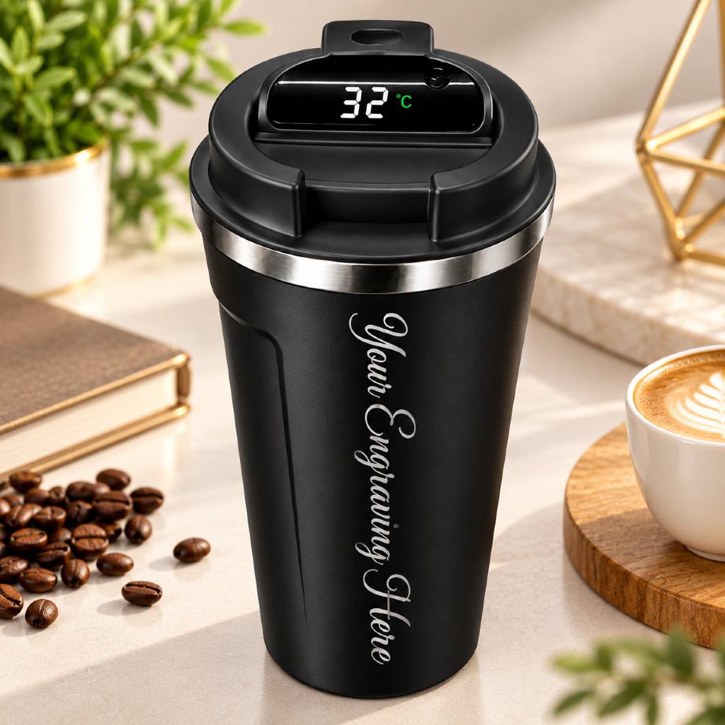 Customisable Smart Temperature Display Travel Mug Black | Premium Insulated Coffee Tumbler