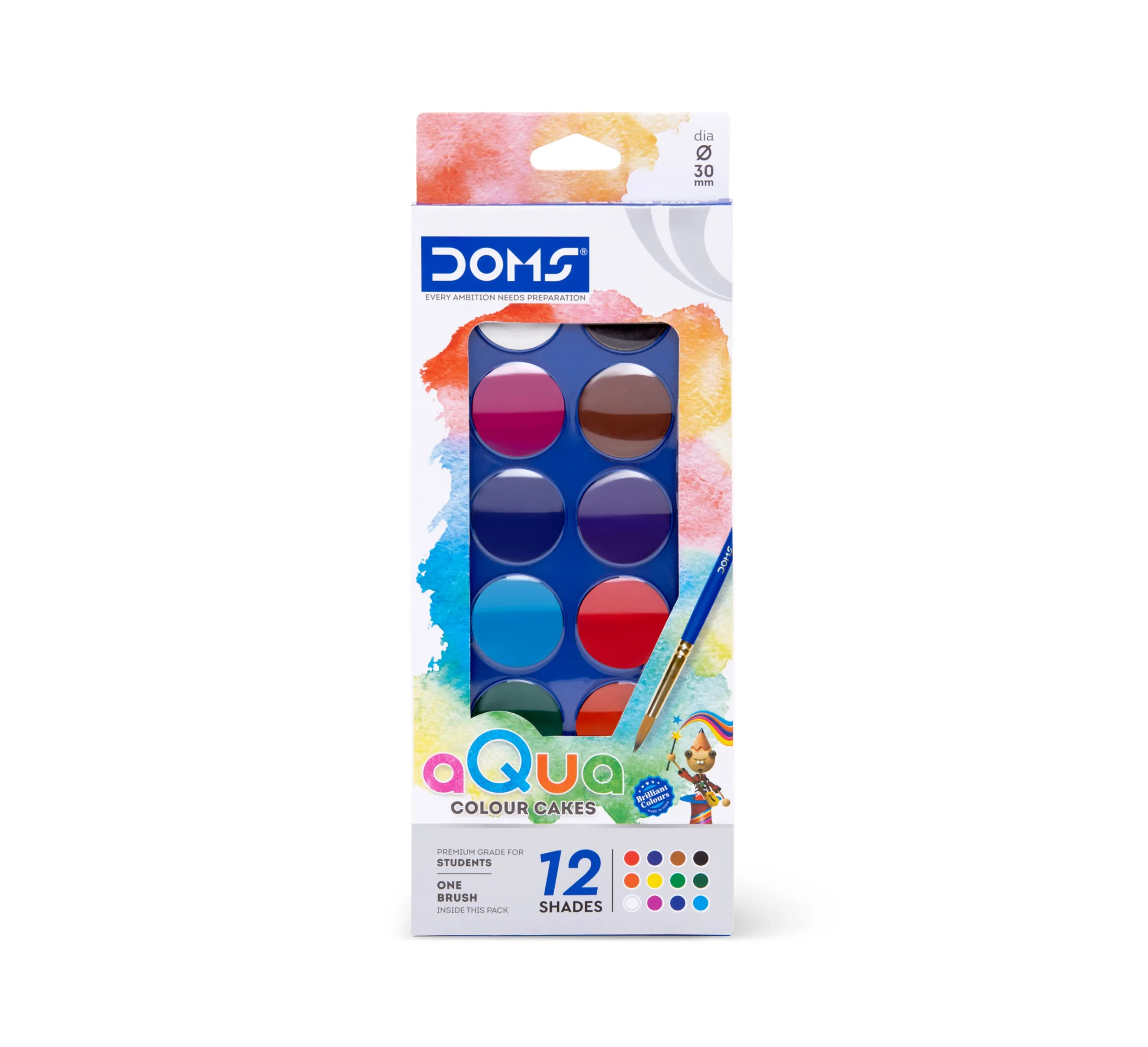 DOMS Aqua Colour Cakes 12 Assorted Shades with Brush - Image 1